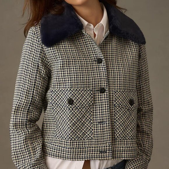 ANTHROPOLOGIE MAEVE tweed faux fur-collar jacket Sz M NEW - Picture 2 of 11